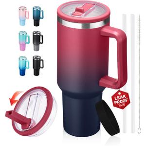 Travel Cups with Lid and Flip Straw - 40 oz Tumbler with Handle, Cold-34H & Hot-10H Insulated Coffee Mug, Metal Hydro Thermal Jug, Spill Proof Water Bottle Fits in Car Cup Holder (Ruby Purple)