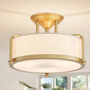 Modern Drum Ceiling Light, Semi-Flushmount Close to Ceiling Light Fixture for Living Room, Bedroom, Dining Room,Kitchen, D13 x 8 in, Linen Fabric Shade & Gold Finish Metal Frame