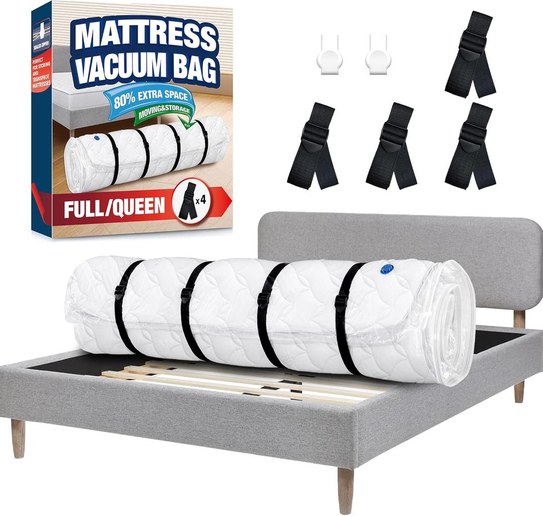 Vacuum Mattress Bag for Memory Foam and Latex with Band, Ideal for Convenient Moving, Storage and Transportation (Queen/Full) (Black)
