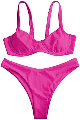 ZAFUL Women's Ribbed Underwire Bikini Set High Cut Colorblock V Notch Swimwear Printed High Leg Swimsuit Size M
