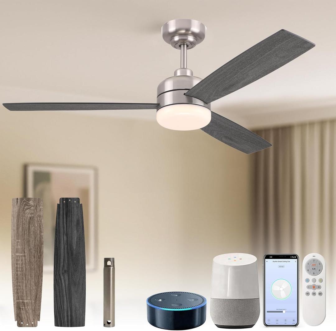 Chelsea Ceiling Fan 52 Inch with Light and Remote Brushed Nickel Downrod, Flush Mount Ceiling Fan with Light Alexa, Google Home & Tuya Compatible Alexa Ceiling Fans