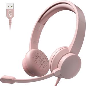 USB Headset with Microphone for PC, Wired Headphones with Mic USB Headset with Noise Cancelling Microphone, Computer Headset with Microphone for Home Office Online Class Teams Skype (Pink)