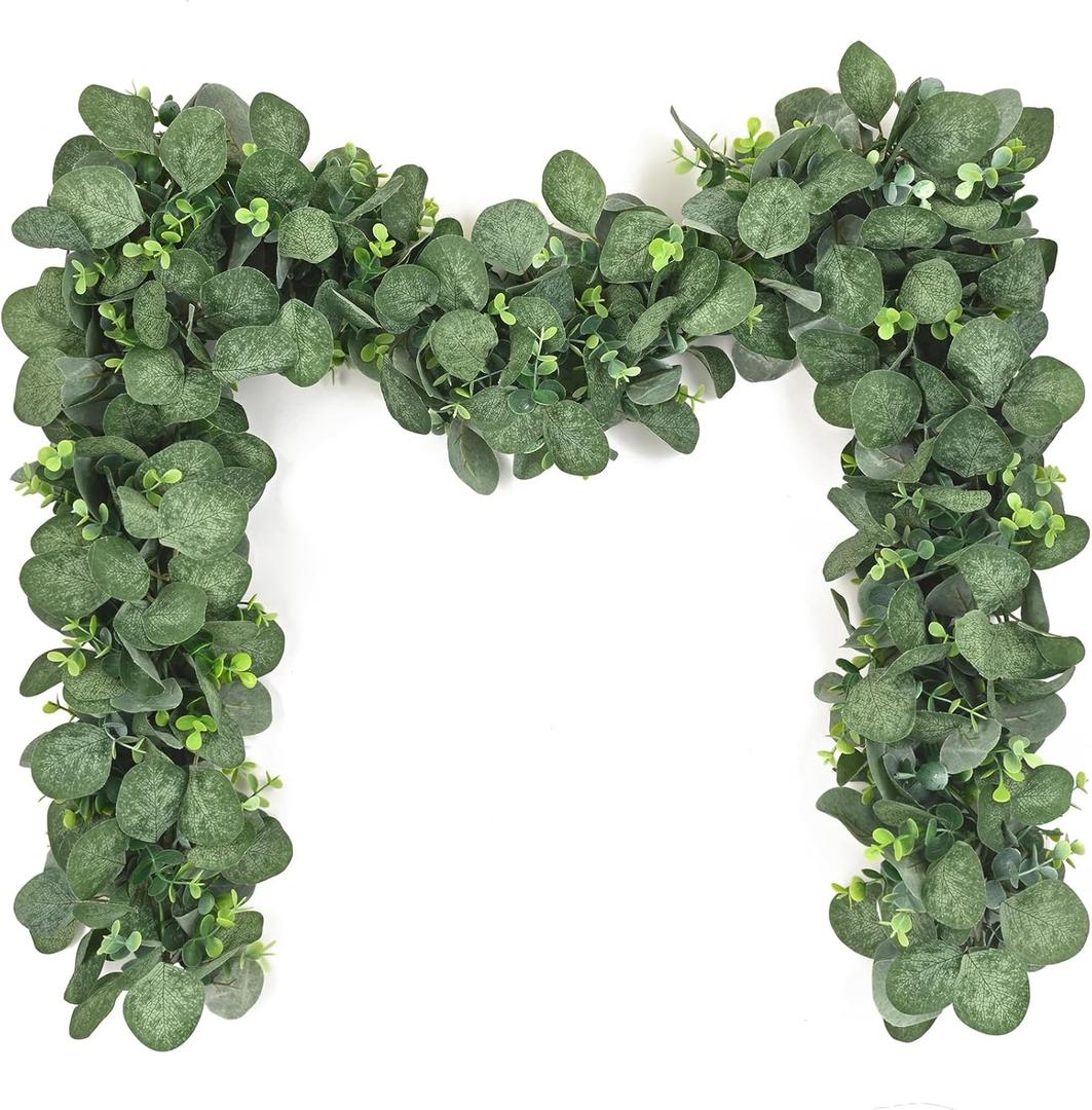 Artflower 2 Pack Artificial Eucalyptus Garland, 5.9ft/pcs Faux Silver Dollar Eucalyptus Greenery Garland Vines for Table Wedding Backdrop Arch Wall Party Mantle Festival Decor