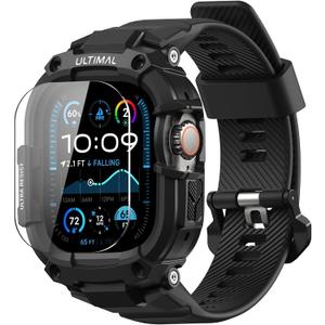 ULTIMAL Rugged Band with Case for Apple Watch 49mm, Military-Grade Shockproof Protective Strap for Men, All-in-One Outdoor Sport Watch Band Compatible with Apple watch Ultra 3/2/1 (Black)