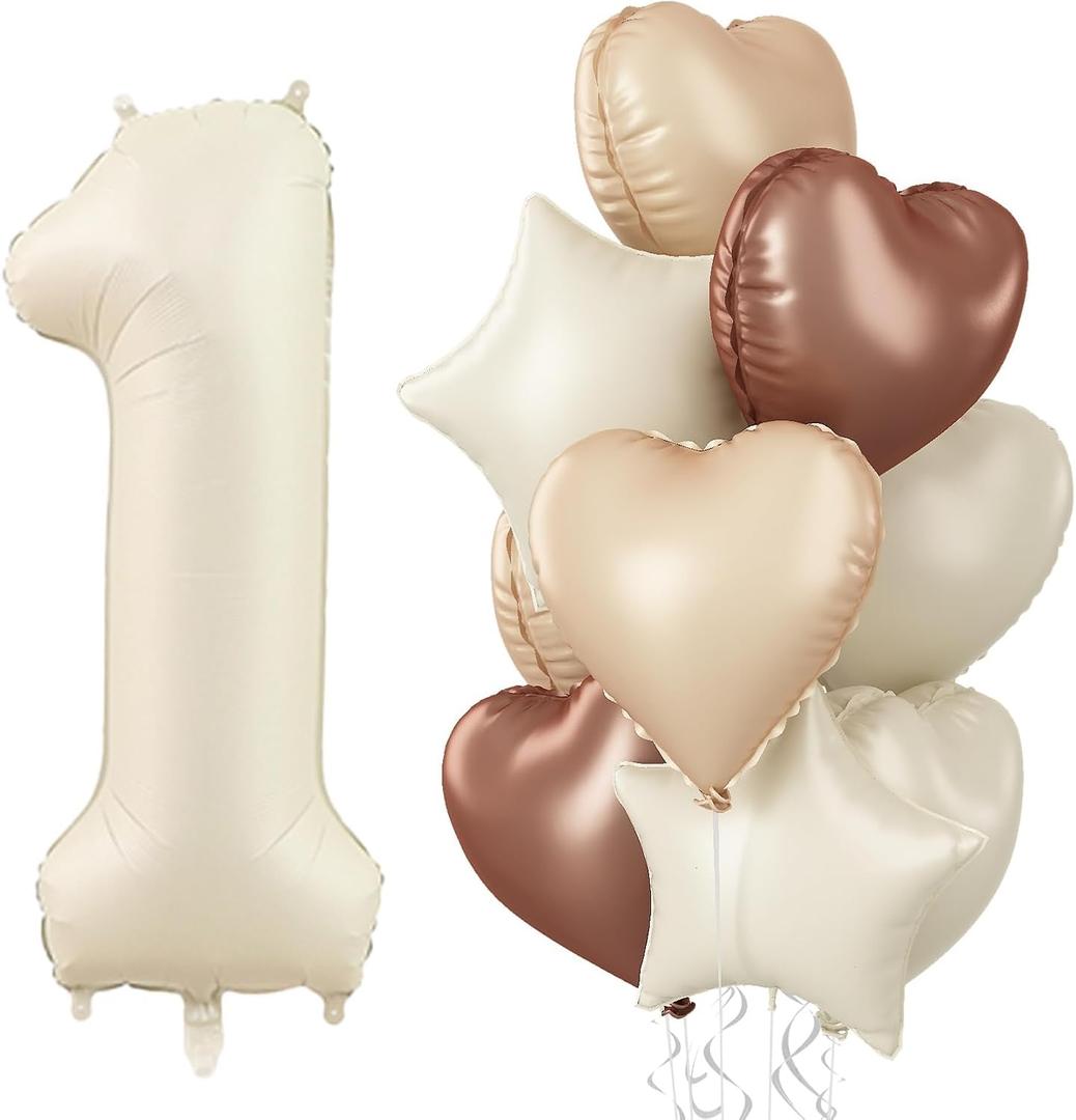 40 Inch Cream 1 Balloon Decor, Beige Tan Brown Heart Balloons, Foil Neutral Nude Sand White Helium Star Number 1 Balloons for Girls 1st Birthday Anniversary Baby Shower Party Boho Decoration Supplies