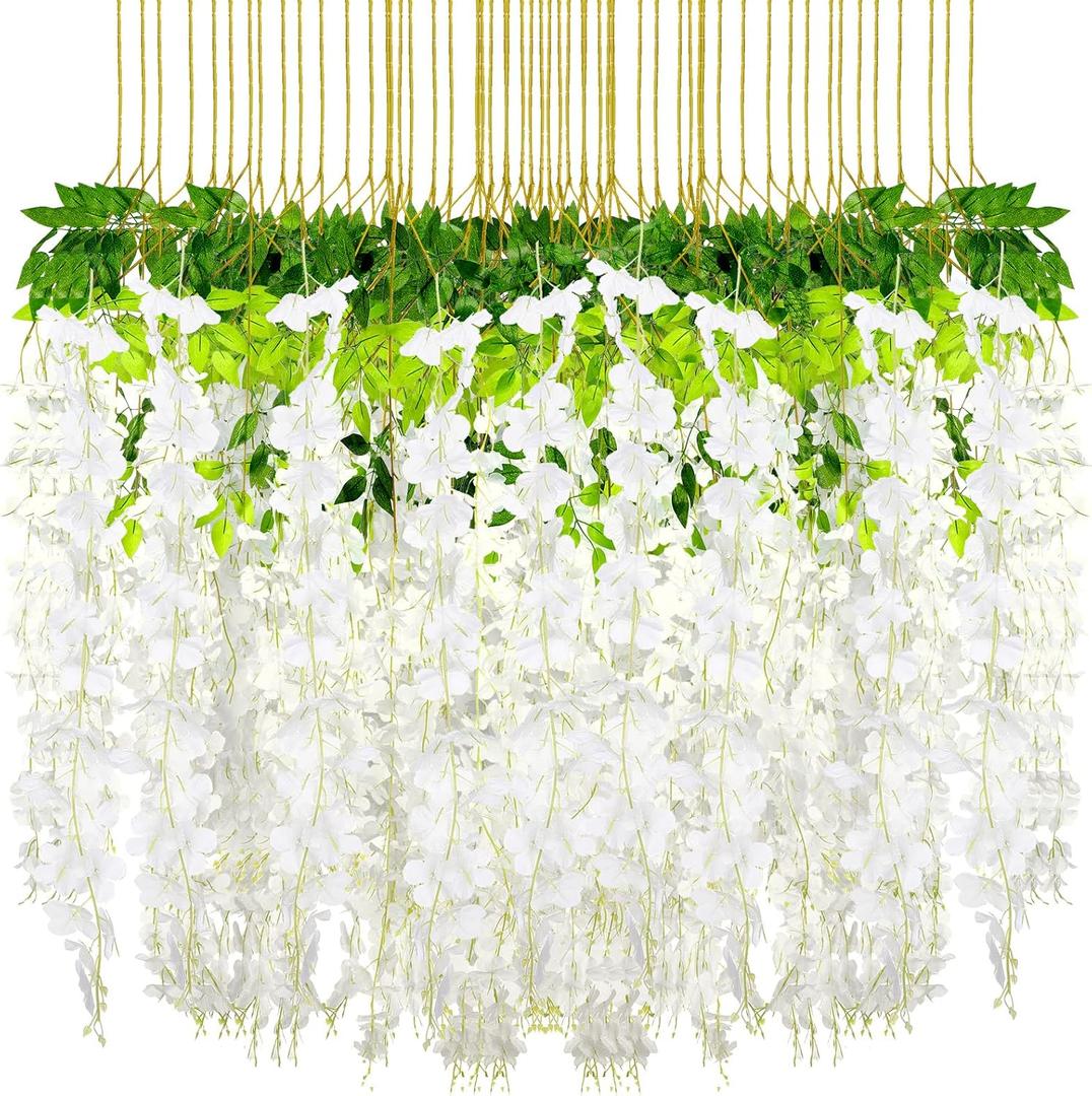 Riceshoot 240 Pcs Wedding Artificial Wisteria Hanging Flowers Floral Backdrop Garland 43.3 in/ 3.6 ft Silk Fake Wisteria Vine Rattan Long Wall String for Home Outdoor Party Decoration(Milky White)