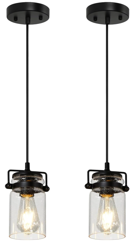 Industrial Pendant Lighting Fixtures, Hanging Pendant Lights with Seeded Glass Shade, 2 Pack Black Ceiling Light Fixture Adjustable Farmhouse Pendant Light for Kitchen Island Dining Room (Black-Seeded glass)