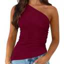 PRETTYGARDEN Womens 2025 Summer Y2K Tops Sleeveless One Shoulder Slim Fit Shirts Ruched Knit Asymmetrical Top Blouse (Red, XXL)