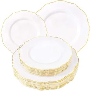 WDF 60pcs Gold Plastic Plates -Baroque White &Gold Disposable Plates for Upscale Parties &Wedding-including 30Plastic Dinner Plates 10.25inch, 30Salad Plates 7.5inch