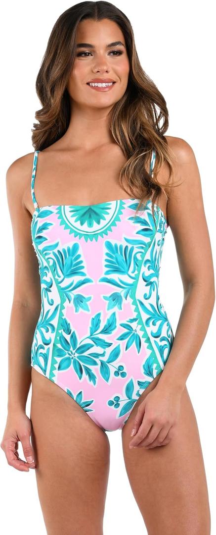 La Blanca Women's One Piece Swimsuit Bandeau Tummy Control Bathing Suit (8, Multi//Opulent Palm)
