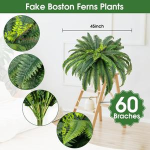 CQURE 45" Fake Ferns Artificial Plants Large,Set of 1 Artificial Boston Ferns Faux Hanging Plants for Outdoors Planter Home Garden Decor, 60 Branches