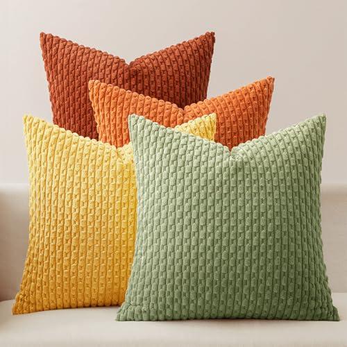 MIULEE Burnt Orange Decorative Throw Pillow Covers for Couch Modern Striped Cushion Covers Soft Corduroy Pillowcase Home Decor for Bed Sofa Living Room 18x18 Inch Set of 4 Yellow Orange
