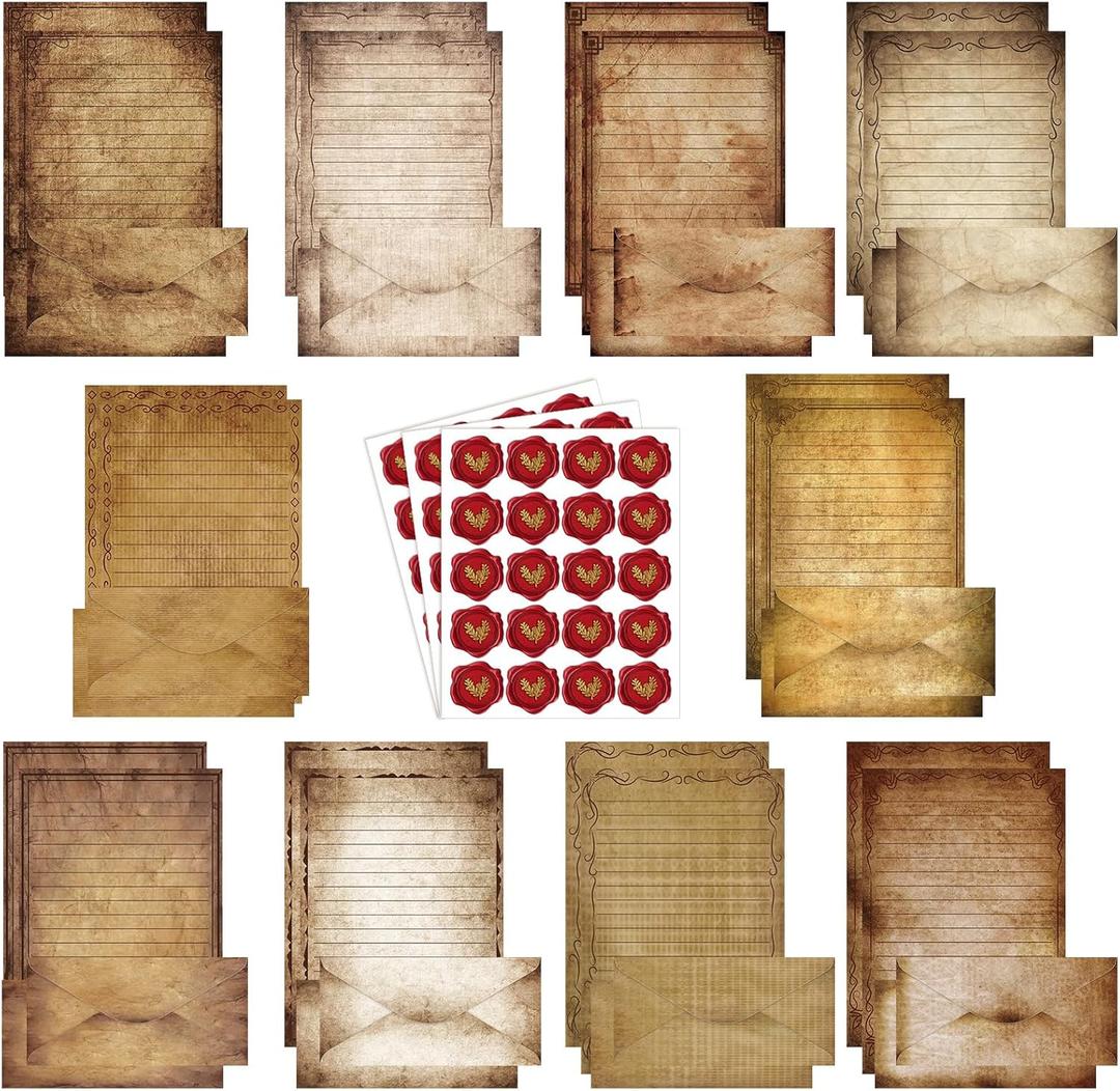 TaoBary 160 Pcs Stationery Paper Set 50 Double Sided Stationery Papers with 50 Matching Envelopes and 60 Round Dot Sticker, 10 Design(Vintage,8.5 x 11 Inch)