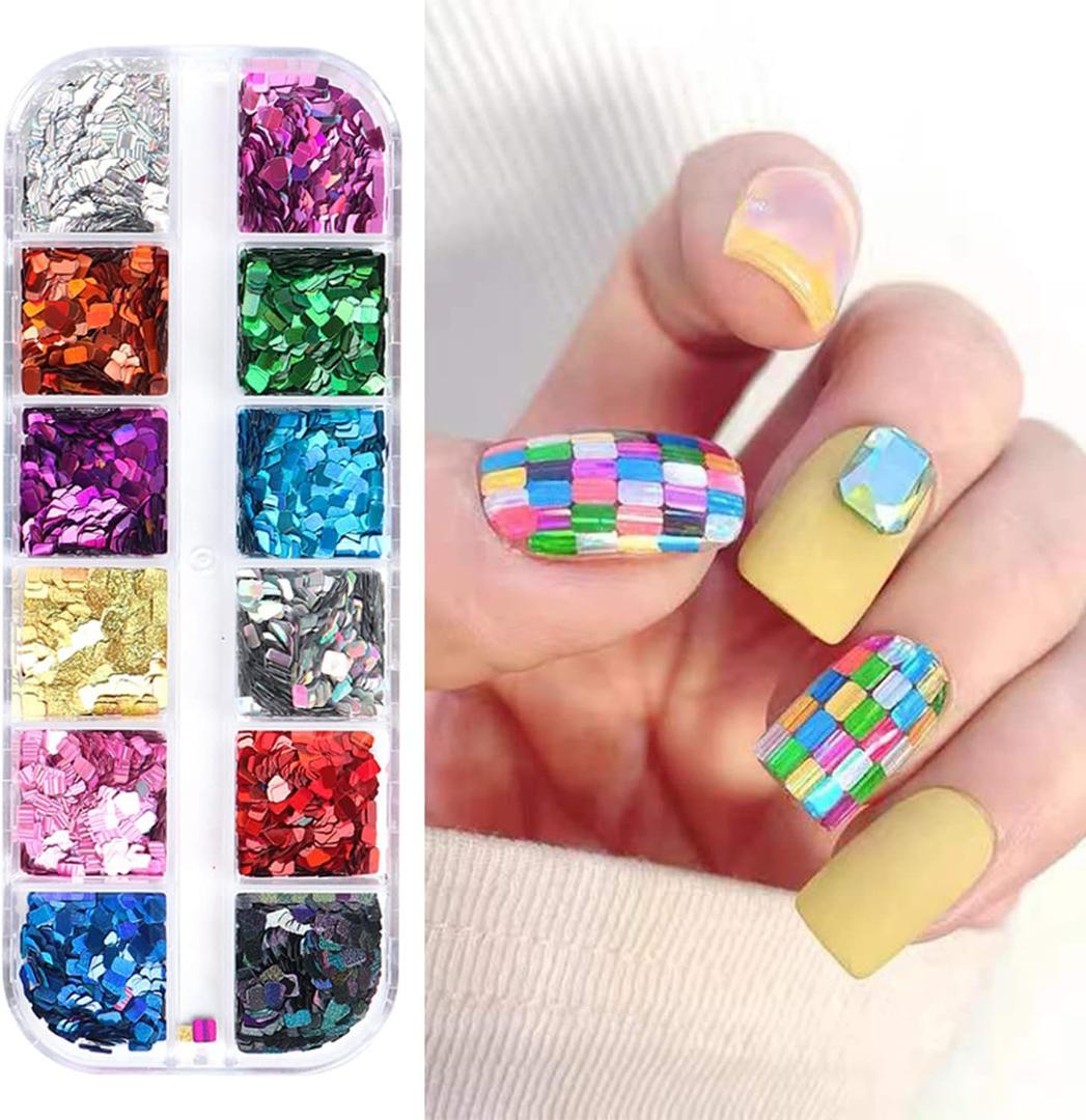 2 x Laser Square Glitter Nail Art Sequins, Holographic 3D 12 Colors Glitter Flakes Design, Rectangle Shape Nail Shiny Supplies for Women Girls Manicure Powder Charms Decorations, DIY Resin Nail Art Tips