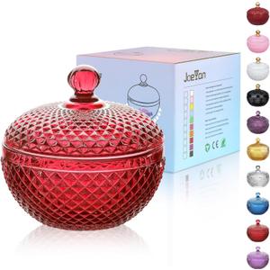 Joeyan 12 oz Small Red Glass Jewelry Box Jars with Lid,Embossed Glass Candy Dishes,Diamond Faceted Food Container,Decorative Apothecary Canisters,Colored Kitchen Bathroom Buffet Storage Organizer