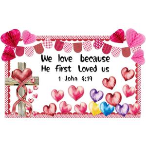 74 Pcs Valentines Christian Bulletin Board Decoration, We Love Because He First Loved US 1 John 4:19 Bible Verse with Pink Heart Cross Cutouts Honeycombs for Sunday School Church Classroom