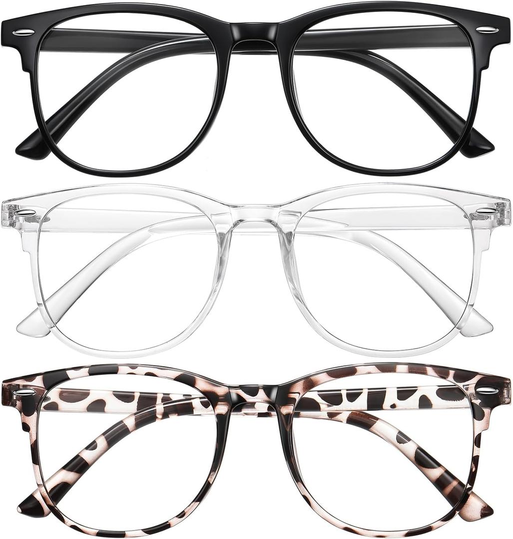 Okany 3 Pack Blue Light Blocking Glasses for Women Men, Round Computer Glasses Anti Eye Strain/UV/Glare Gaming Glasses (3 Pack Black + Leopard + White)