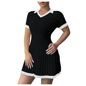 MakeMeChic Women's Contrast Binding Sweater Dress V Neck Collared Pleated Mini Dresses Black Medium