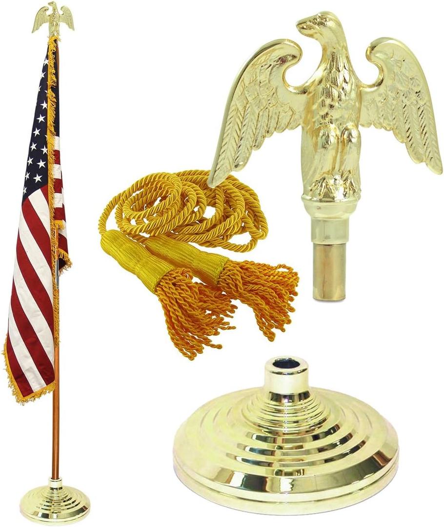 Super Tough Indoor Flagpole Kit with American Flag | 3ft x 5ft Flag, Flagpole, Base & Tassel | Cotton USA Flag with Gold Fringe (Metal Eagle)