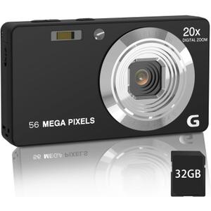 56MP FHD Digital Camera with 20X Digital Zoom & Autofocus, Anti-Shake Point and Shoot Camera for Kids Adults Beginners, Includes 32GB SD Card, Portable Compact for Travel (Black)