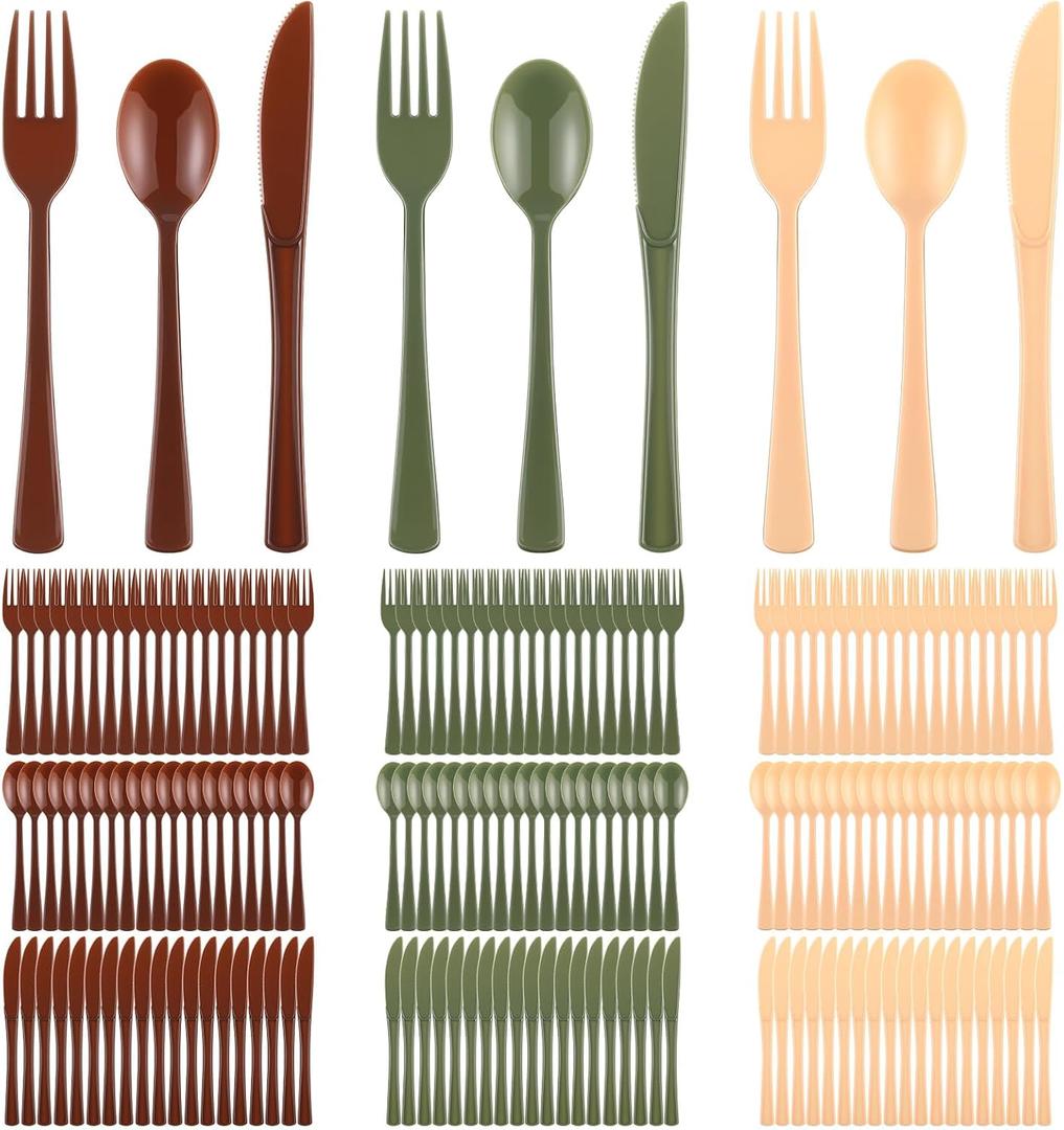 Minatee 180 Pcs Woodland Party Plastic Silverware Heavy Duty Cutlery Sets Disposable Utensils for Holiday Birthday Themed Party Supplies, 60 of Each Forks Knives Spoons