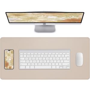 Desk Pad Mat 23.6"x13.7" - Waterproof Mouse Pad & Desk Protector, Non-Slip PU Leather for Gaming Keyboard/Mouse, Stitched Edge XL Office Desk Pad with Ergonomic Support(Beige) (24" x 14")