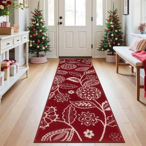 2x6 Washable Christmas Runner Rug with Non Slip Backing, Absorbent & Dirt-Trapping, Red and White High-Low Textured Floral Hallway Carpet for Kitchens, Laundry Rooms, Bathrooms, Entryways