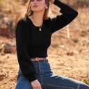 MASCOMODA Long Puff Sleeve Sweaters for Women 2026 Spring Winter Crewneck Knit Ribbed Bodysuit Pullover Tops (Black, S)