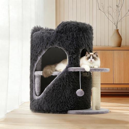 Woochpet 24" Cat House 2-Storey Large Felt Cat Bed Cave with Hideaway Condos, Foldable Indoor Cat Condo Covered in Soft Fabric with Washable Cushioned Pillow Calming Fluffy for Multi Pets (Dark Grey)