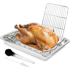 Stainless Steel Turkey Baking Roaster Pan Roasting Pan with V Rack, for Smoking and Grilling Chicken, Bird, and Pork Cooking Rack with 15.5*11.6*2 inch Roasting Pan for Smokers, Grill and Oven