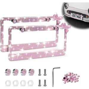 Bling License Plate Frames for Women, 2-Pack, Pink Stainless Steel License Plate Cover, Premium Handmade Lincense Plate Holder with Sparkly Rhinestone Caps, Bling Car Accessories for Women