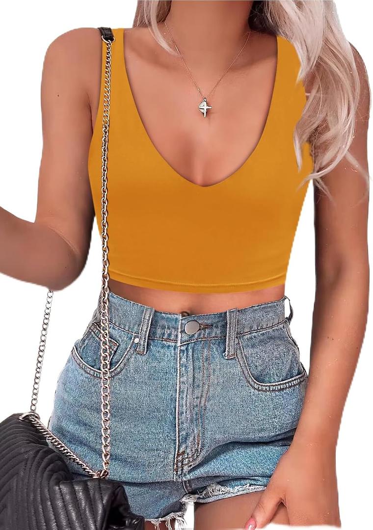 SAUNGKUAI Women's Crop Tops Deep V Neck Sleeveless Backless Double Lined Cropped Tank Top for Going Out Orange M