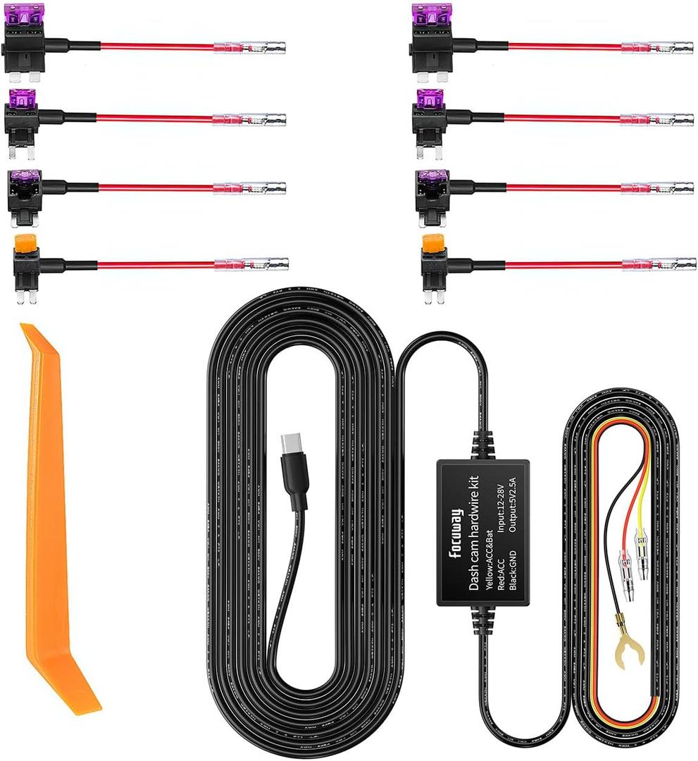 Dash Cam Hard Wire Kit for FOCUWAY T5/ T5 Pro/ T6/ D2 Duo/ D4 Duo Model, 4 Meter Dashboard Camera Car Charger Cable Kit 12V- 24V to 5V, Power Adapter with LP/Mini/ATO/Micro2 Fuse for Dash Cam