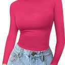 MANGOPOP Crew Neck Long Sleeve T Shirts for Women Fitted Shirts Tight Neck T Shirts Basic Tee Tops (Medium, Pink)