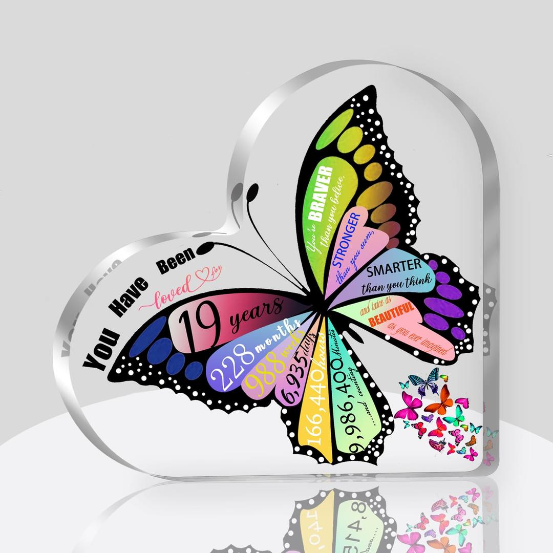 19th Birthday Gifts for Girls, Decorations for Girls, Ideas for Daughter Friends Girlfriend, 19 Year Old Girl Butterfly Heart Shape Acrylic