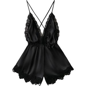 WDIRARA Women's 2023 Satin Teddy Lingerie Lace Deep V Backless Sleeveless Romper Sleepwear (Large, Black)