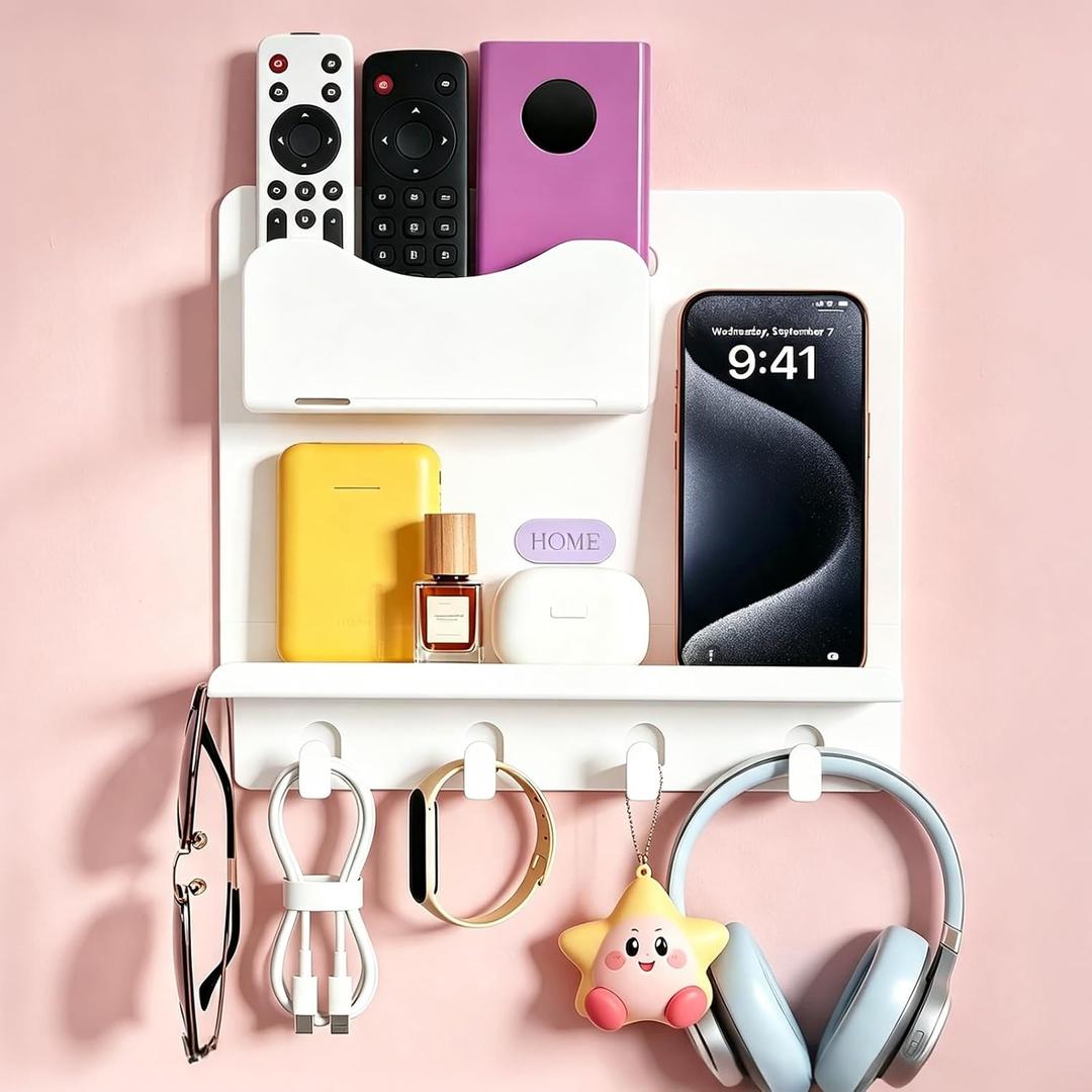 2 x Bedside Shelf Wall Mount, Adhesive Bedside Shelf Accessories Organizer with Hooks and Cable Clips,Dorm Bedside Wall Storage for Phone, Remote, Earphone,Plastic (White)