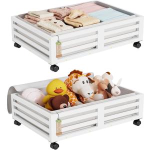 Wisuce Bamboo Under Bed Storage Containers- Underbed Organizer with Wheels with Large Dust Bag,Sturdy Wood Rolling Under the Bed Shoe Storage Organizer Drawer 2 Packs (White, Small)