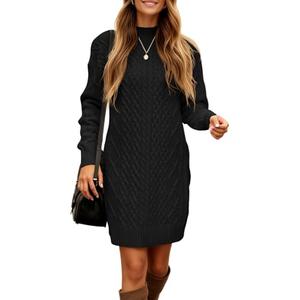Saodimallsu Womens Cable Knit Mini Sweater Dress Turtleneck Fall Casual Chunky Long Sleeve Slimming Short Dresses Black, Size L