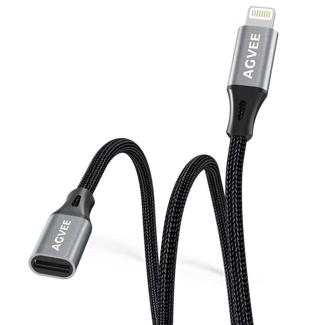 AGVEE 6.6ft Lightning Extension Cable, Braided Female to Male Extender Full Function Cord Compatible with iPhone iPad, Data Sync Video Audio & Charging Connector Adapter, Dark Gray