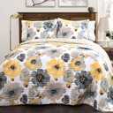 Lush Decor Leah Reversible Floral Quilt Set, 3 Piece Set, Full/ Queen, Yellow & Gray - Watercolor Botanical - Cottage Core - French Country Decor- Bedding Queen Size