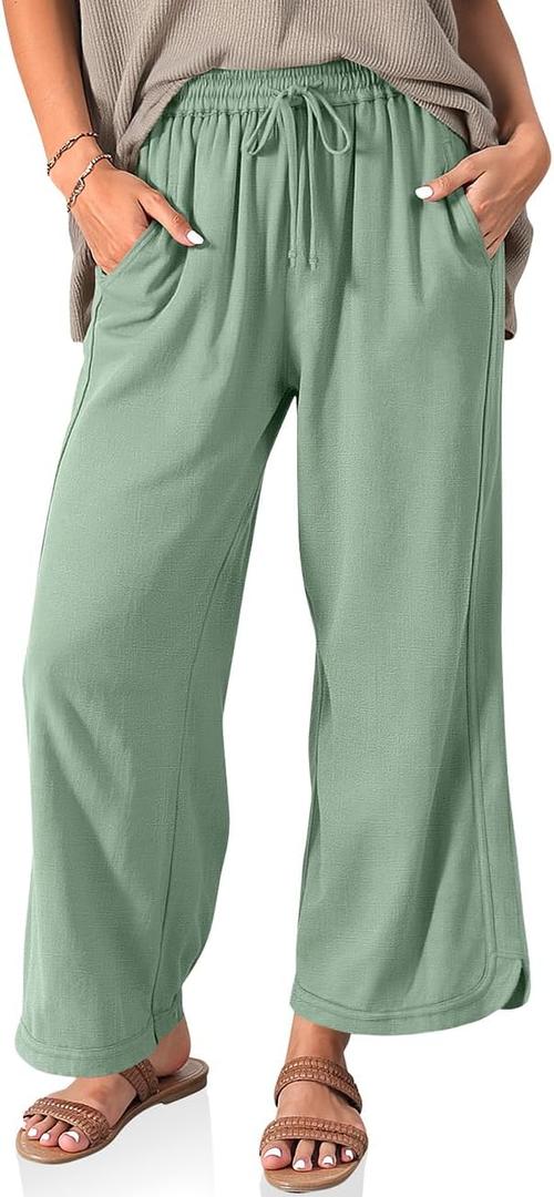 TARSE Women Linen Wide Leg Pants Casual Loose Drawstring Summer Beach Travel Vacation Palazzo Pants with Pockets, Size L