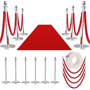 6Pcs Stanchions and Velvet Ropes with 15ft Red Carpet,Complete Crowd Control Barriers Set with 4 Red Velvet Ropes & Stainless Steel Posts for Party, Wedding, Event Supplies,Gold