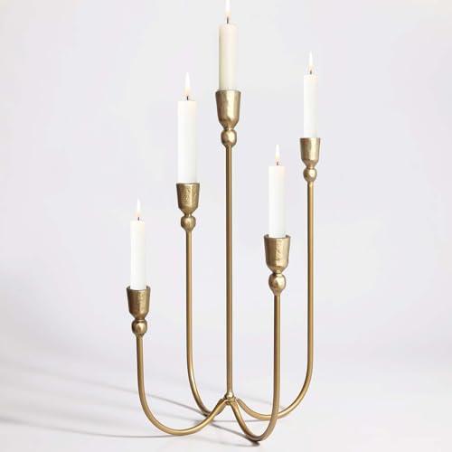 5-Candle Metal Candelabra Candlestick Holders - Tall Candle Holder Wedding Event - Dinner Candle Stand, Brass Gold