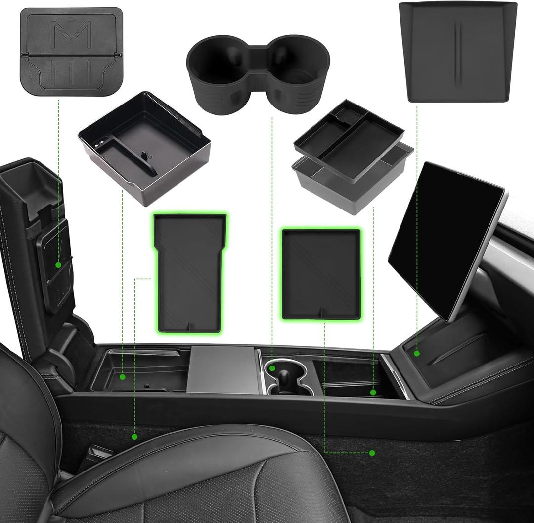 7PCS Center Console Organizer Tray for 2024 2025 Tesla Model 3 Accessories, Armrest Hidden Storage Box Cup Holder Charger Pad for Tesla Model 3 Highland