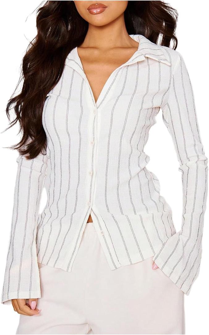 MakeMeChic Women's Work Office Striped Button Down Shirt Bell Sleeve Dressy Blouse Tops, White, Large