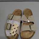 Womens Flat Sandals Cork Footbed Slides 2 Straps Adjustable Buckle Slip On Summer with +Comfort Shoes, Size 5