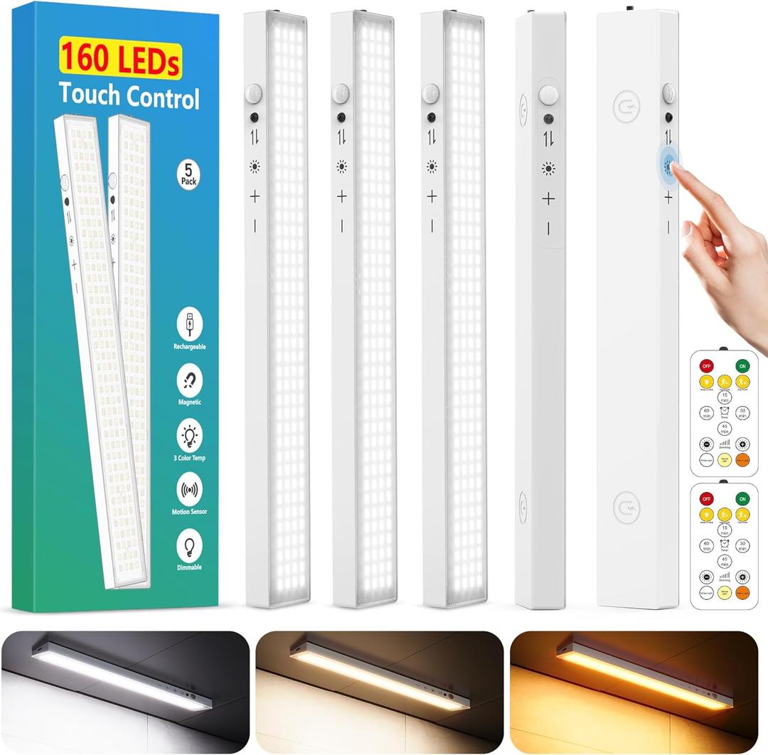 12inch 5Pack Touch Control Under Cabinet Lighting, 160LED Super Bright, 4000mAh Long-Lasting, Magnetic Rechargeable Motion Sensor Under Counter Lights for Kitchen, Closet, Remote, Dimmable, 3CCWhite