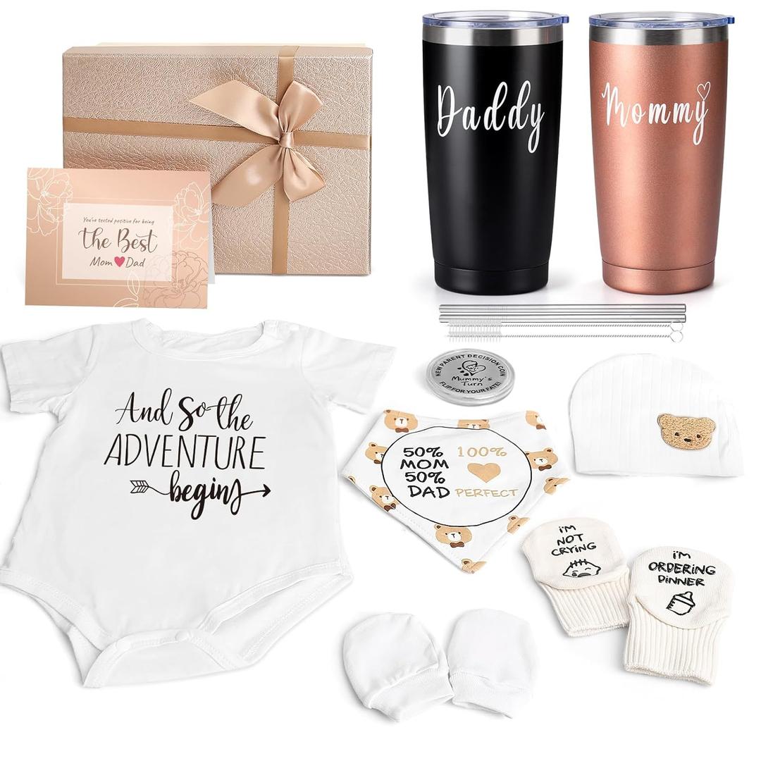 New Mom Gifts for Women, 9 Pcs Best Pregnancy Gifts Basket for New Parents, Gender Reveal Ideas Gift Set for First Time Mom Dad Expecting Parents to Be Gender Reveal Baby Shower Newborn (Rose Gold)