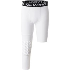 DEVOROPA Youth Boys' Compression Pants with Knee Pads 3/4 Basketball Athletic Tights Quick Dry Sports Workout Leggings (Small, White(right Long))